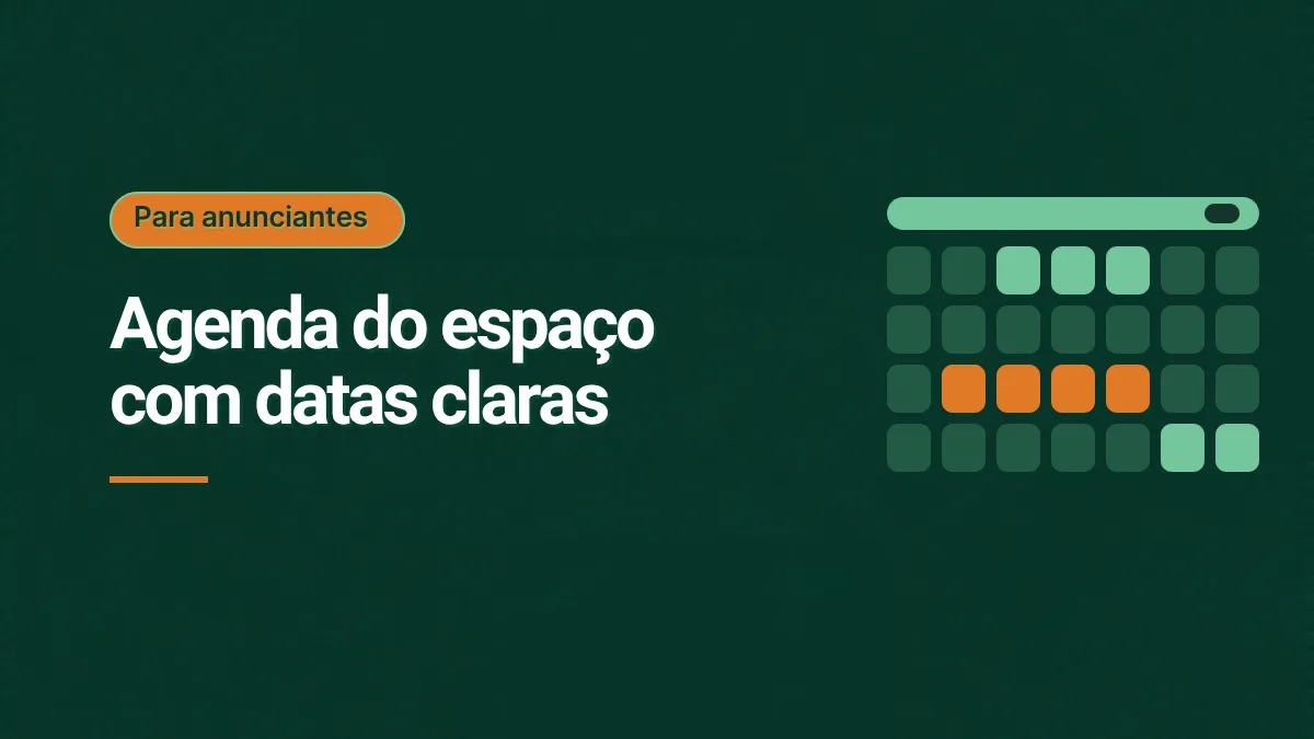 Ilustração de um calendário mensal em grade com alguns períodos destacados em verde e laranja, sobre fundo verde escuro, com o título Agenda do espaço com datas claras. Sem foto.