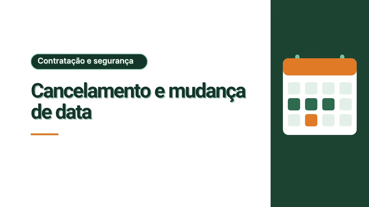 Ilustração de um calendário com datas destacadas sobre painel verde escuro, com o título Cancelamento e mudança de data. Sem foto.