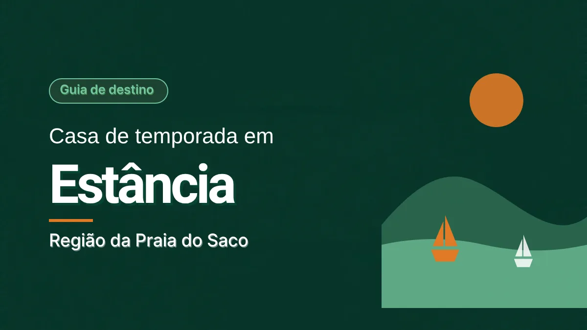Ilustração de dunas, mar com ondas, dois pequenos barcos à vela e um sol laranja, em tons de verde, ao lado do título Casa de temporada em Estância.