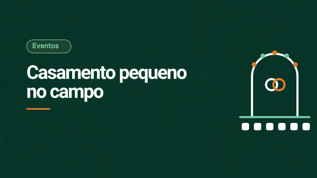 Ilustração de um arco de cerimônia branco com enfeites laranja e verde e duas alianças entrelaçadas, com uma fileira de cadeiras abaixo, em fundo verde escuro, representando um casamento pequeno no campo.
