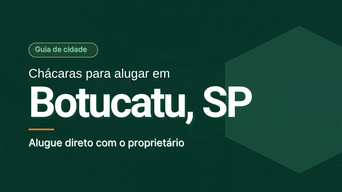 Capa em verde escuro com o selo Guia de cidade e o texto Chácaras para alugar em Botucatu, SP, com a frase Alugue direto com o proprietário. Ilustração gráfica, sem foto.