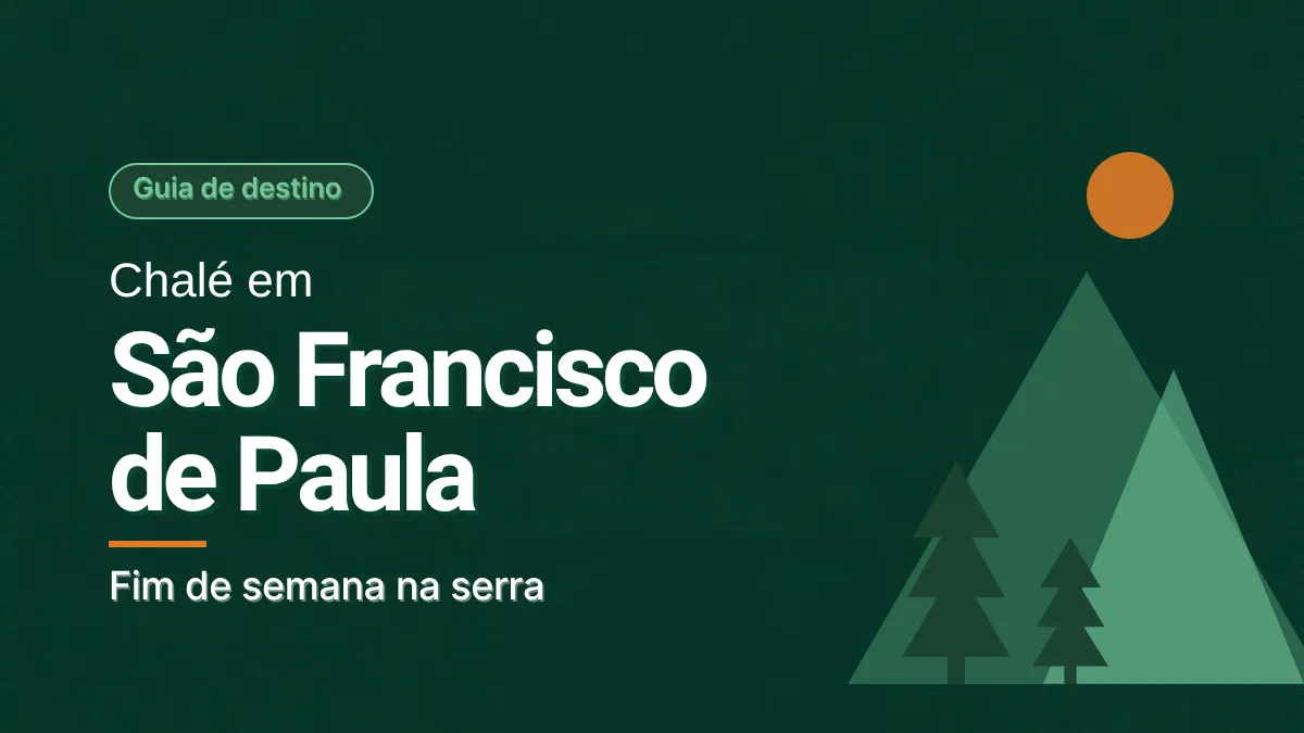 Ilustração de montanhas e pinheiros em tons de verde com um sol laranja, sobre fundo verde escuro, ao lado do título Chalé em São Francisco de Paula.