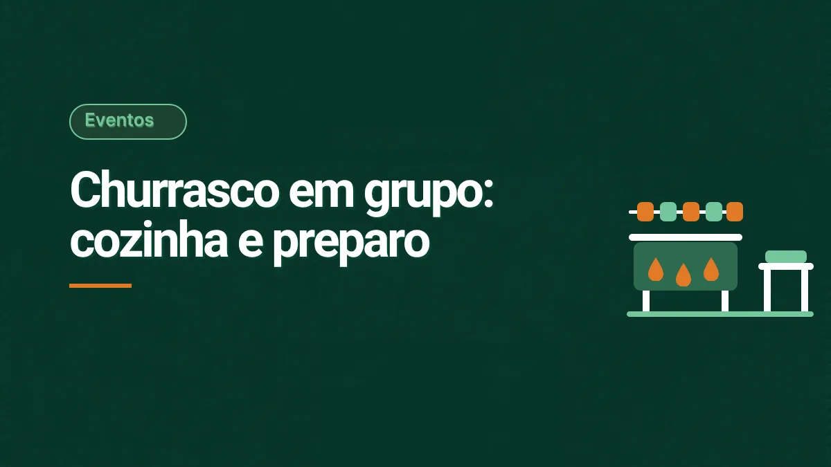Ilustração de uma churrasqueira com espetos e uma bancada de apoio com uma tábua, em fundo verde escuro, representando a cozinha e a área de preparo de um churrasco em grupo.
