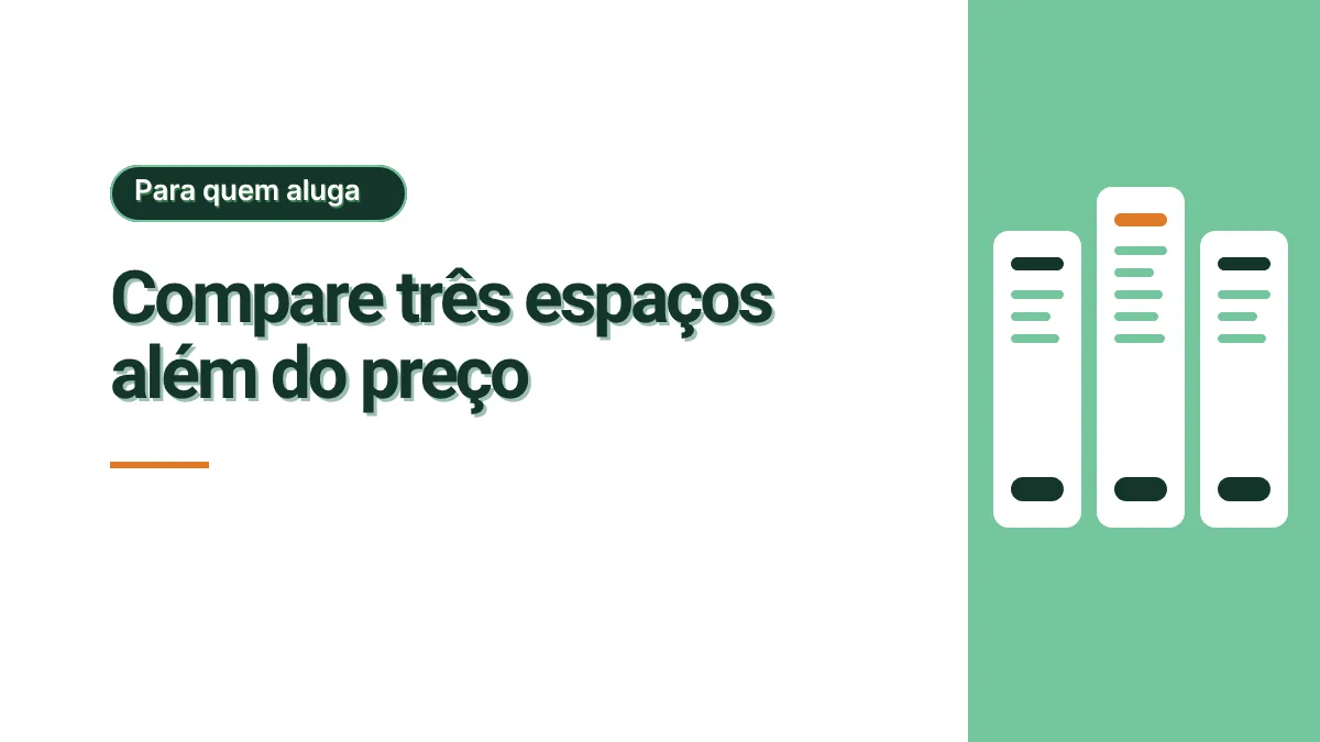 Ilustração de três fichas brancas lado a lado sobre painel verde, cada uma com linhas de texto e uma etiqueta, representando a comparação de espaços de lazer.