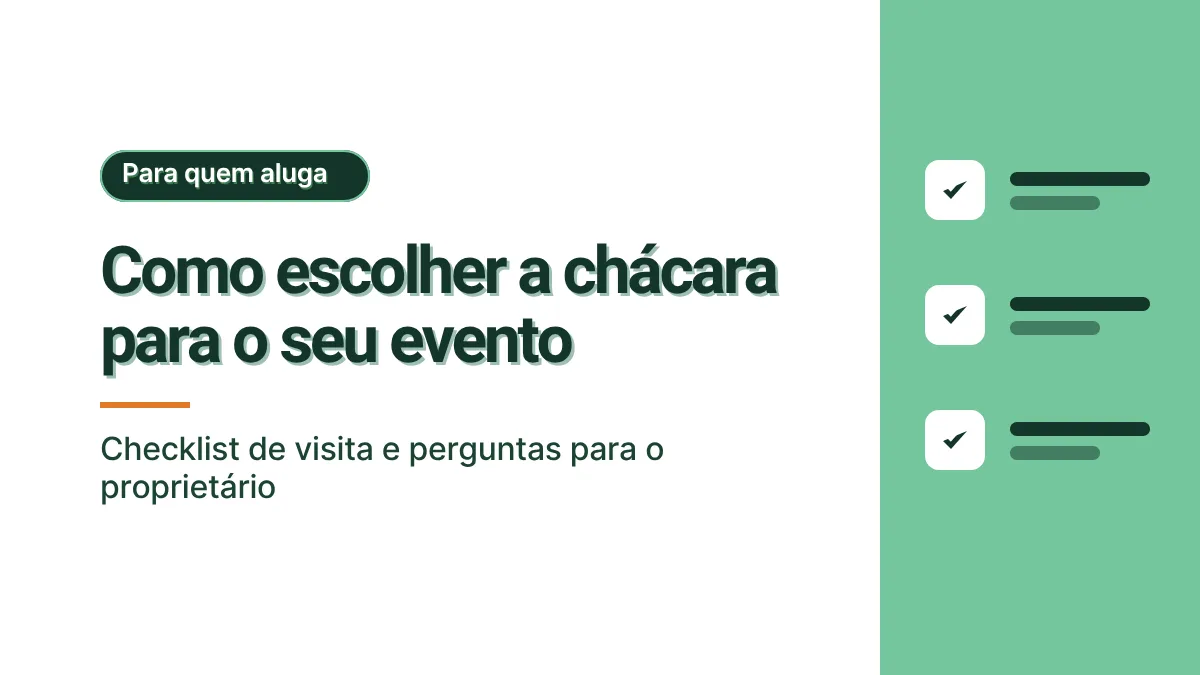 Capa em branco e verde claro com o título Como escolher a chácara para o seu evento e a frase Checklist de visita e perguntas para o proprietário. À direita, ilustração de uma lista de verificação com três itens marcados. Sem foto.