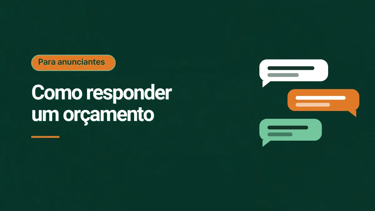 Ilustração de três balões de conversa (branco, laranja e verde) com linhas de texto, sobre fundo verde escuro, com o título Como responder um orçamento. Sem foto.