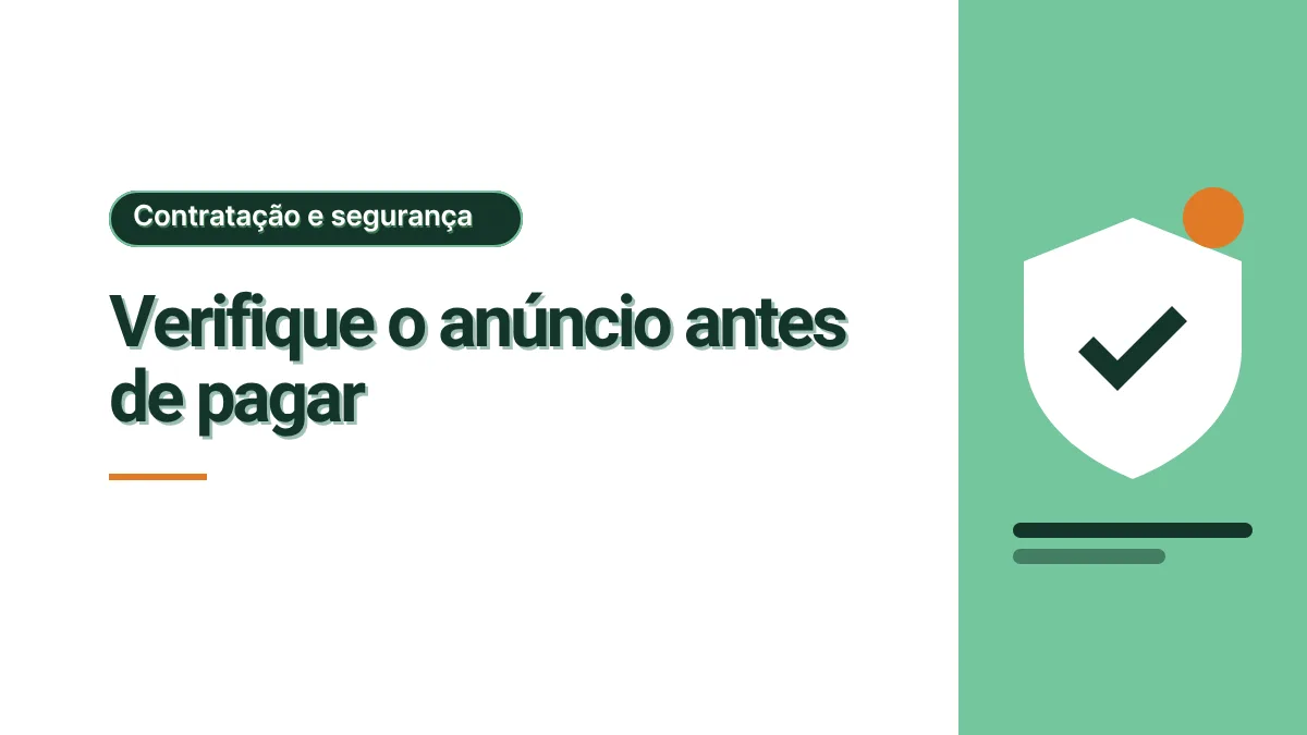 Ilustração de um escudo branco com sinal de verificação sobre fundo verde, com o título Verifique o anúncio antes de pagar. Sem foto.