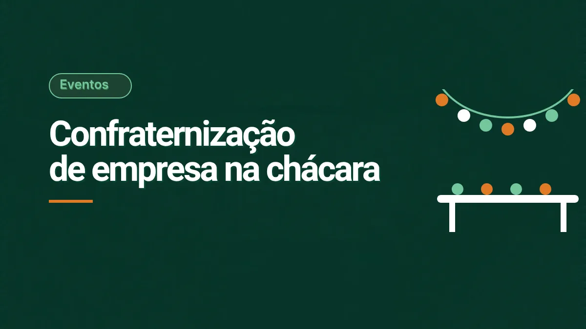 Ilustração de uma guirlanda de luzes coloridas acima de uma mesa comprida, em fundo verde escuro, representando uma confraternização na chácara.