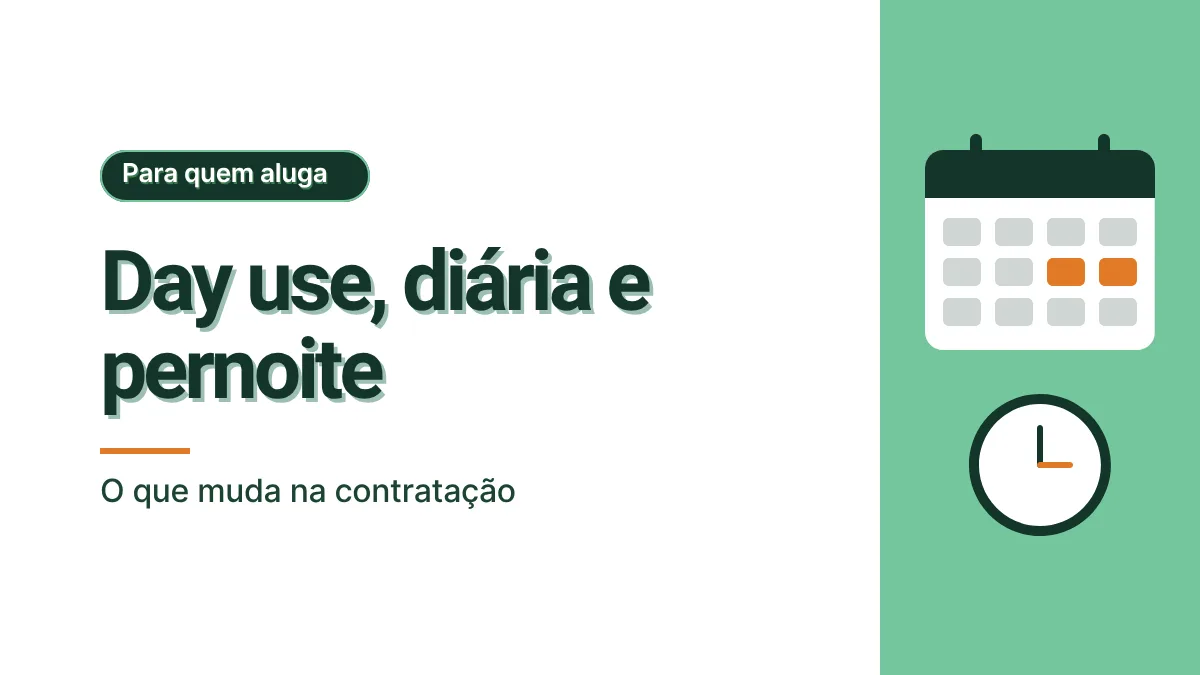 Ilustração de um calendário com dois dias destacados em laranja e um relógio, em um painel verde claro, ao lado do título Day use, diária e pernoite.