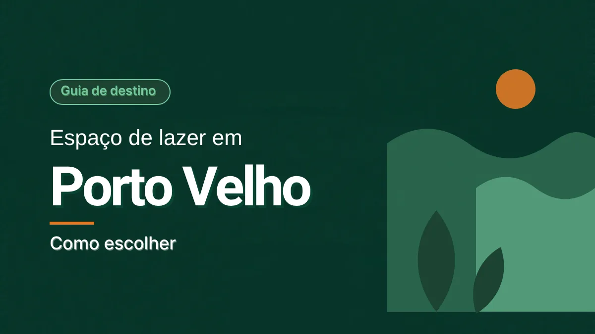 Ilustração de ondas e folhas em tons de verde com um sol laranja, sobre fundo verde escuro, ao lado do título Espaço de lazer em Porto Velho.