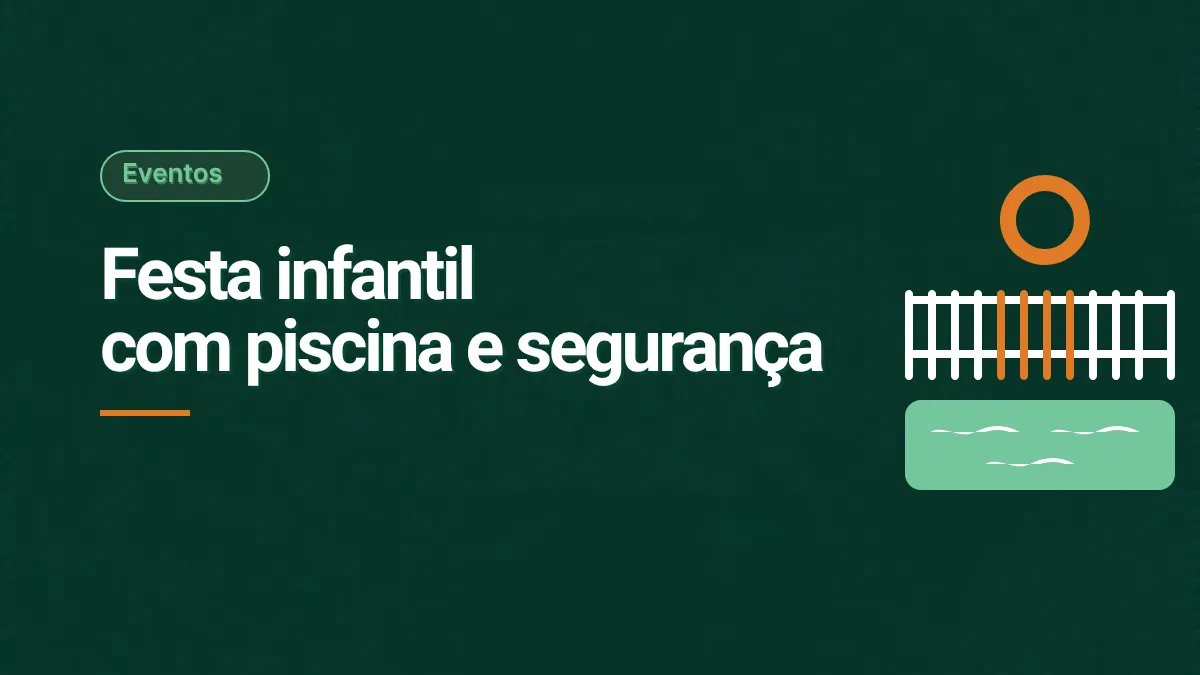 Ilustração de uma piscina verde clara atrás de uma cerca branca com portão laranja fechado e uma boia laranja acima, em fundo verde escuro, representando a segurança em festa infantil com piscina.