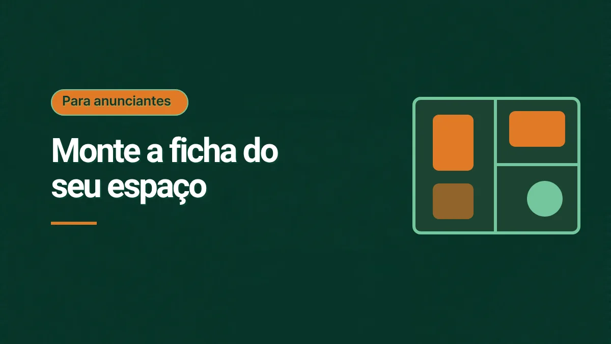 Ilustração de uma planta baixa simples com quartos e camas em laranja, sobre fundo verde escuro, com o título Monte a ficha do seu espaço. Sem foto.