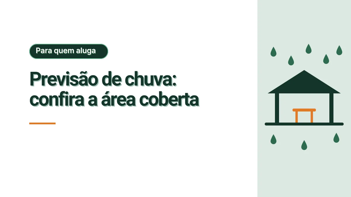 Ilustração de um quiosque de telhado escuro com uma mesa laranja embaixo e gotas de chuva ao redor, sobre painel verde claro acinzentado, representando a área coberta em dia de chuva.
