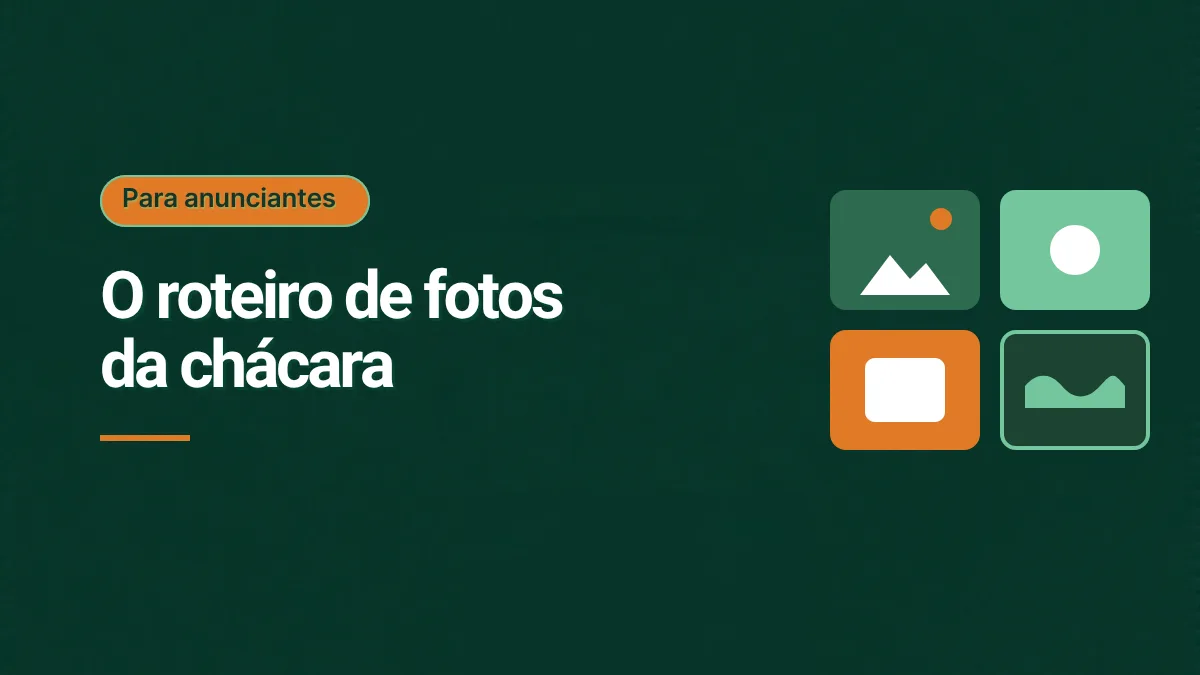 Ilustração em mosaico com quatro quadros coloridos de fotos sobre fundo verde escuro, com o título O roteiro de fotos da chácara. Sem foto real.