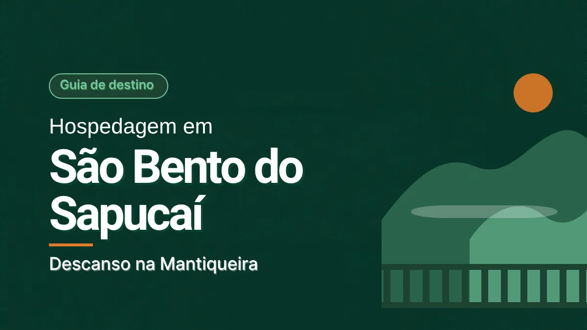 Ilustração de montanhas em camadas com faixa de neblina e uma grade de varanda em primeiro plano, em tons de verde, com um sol laranja, ao lado do título Hospedagem em São Bento do Sapucaí.