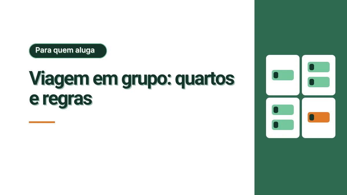 Ilustração de uma planta com quatro quartos brancos sobre painel verde, com camas desenhadas dentro de cada um, representando a divisão de quartos de uma viagem em grupo.