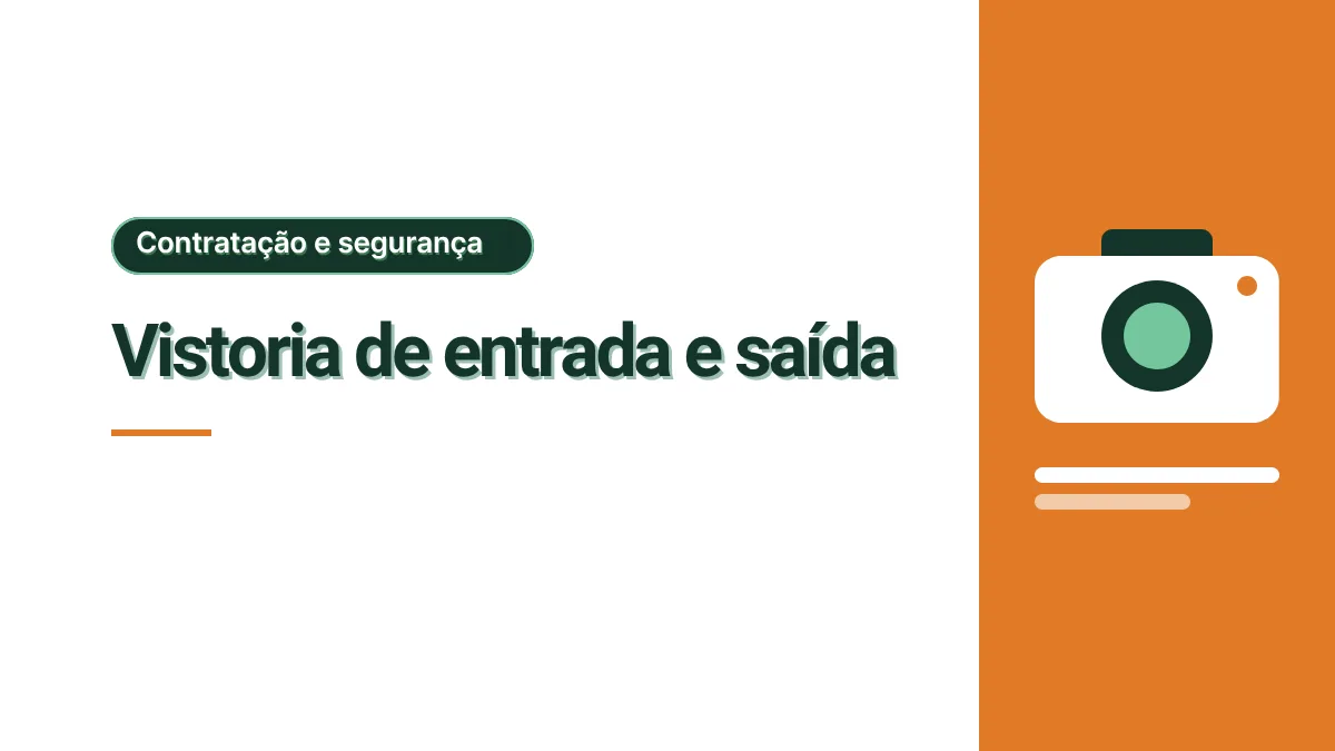 Ilustração de uma câmera fotográfica branca com lente verde sobre painel laranja, com o título Vistoria de entrada e saída. Sem foto.