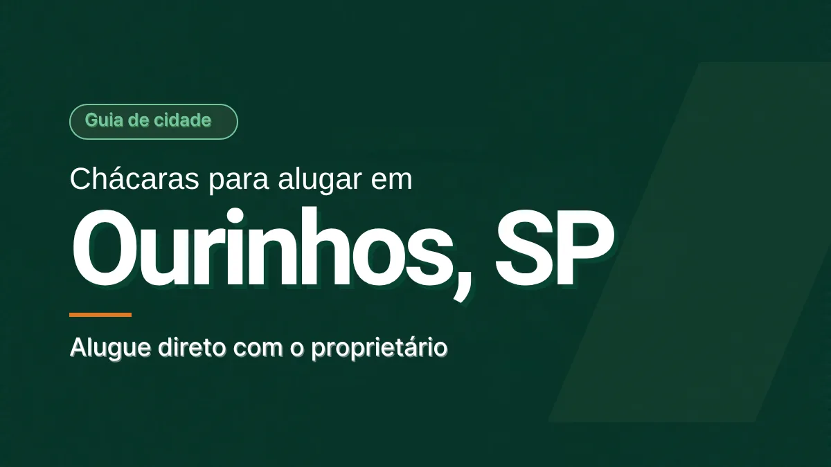 Capa em verde escuro com o selo Guia de cidade e o texto Chácaras para alugar em Ourinhos, SP, com a frase Alugue direto com o proprietário. Ilustração gráfica, sem foto.
